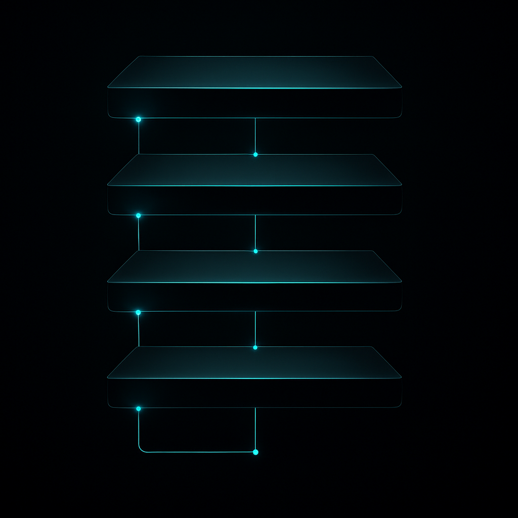 Abstract layered pipeline visualization representing the five-step process